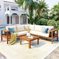 4-Piece Modern Outdoor Wood Patio Conversation Set with Cushions, L-Shaped Sectional Sofa Set with Coffee Table for Patio, Backyard-Panipeachy