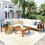 4-Piece Modern Outdoor Wood Patio Conversation Set with Cushions, L-Shaped Sectional Sofa Set with Coffee Table for Patio, Backyard-Panipeachy
