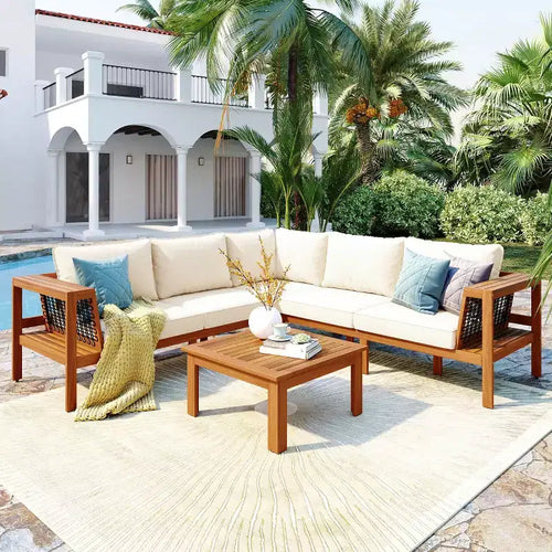 4-Piece Modern Outdoor Wood Patio Conversation Set with Cushions, L-Shaped Sectional Sofa Set with Coffee Table for Patio, Backyard-Panipeachy