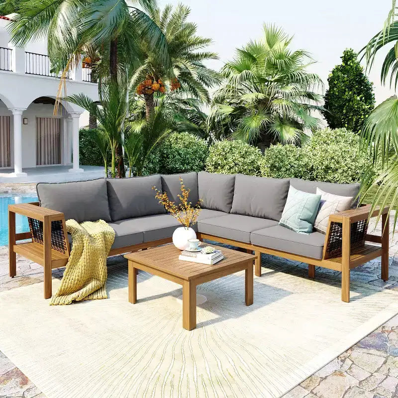 Ensemble de conversation de patio moderne extérieur en bois, 4 pièces avec coussins, canapé d’angle en L et table basse pour patio et arrière-cour-Panipeachy