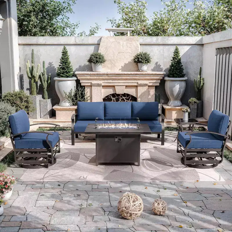 Ensemble de mobilier de terrasse en aluminium ALAULM, ensemble moderne de conversation extérieur en métal pour 5 personnes avec table brasero au propane de 45 pouces, fauteuils à bascule pivotants