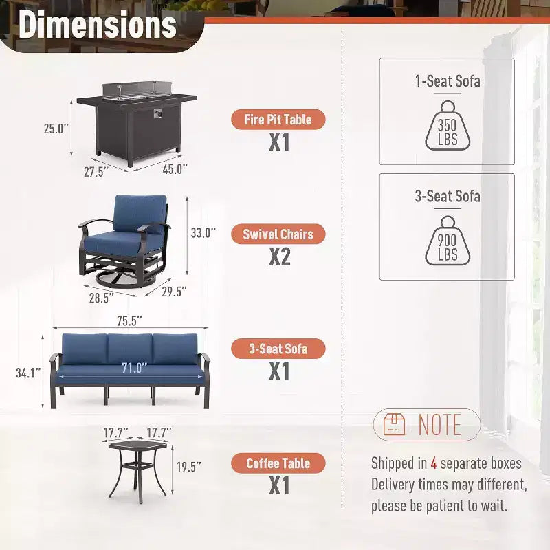 Ensemble de mobilier de terrasse en aluminium ALAULM, ensemble moderne de conversation extérieur en métal pour 5 personnes avec table brasero au propane de 45 pouces, fauteuils à bascule pivotants