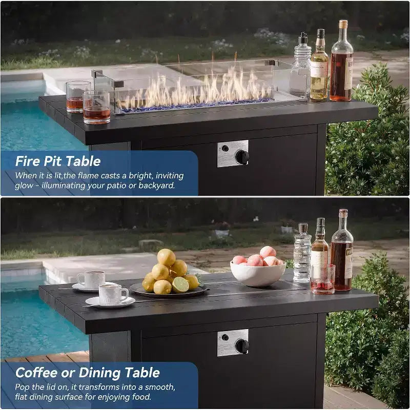 Ensemble de mobilier de terrasse en aluminium ALAULM, ensemble moderne de conversation extérieur en métal pour 5 personnes avec table brasero au propane de 45 pouces, fauteuils à bascule pivotants