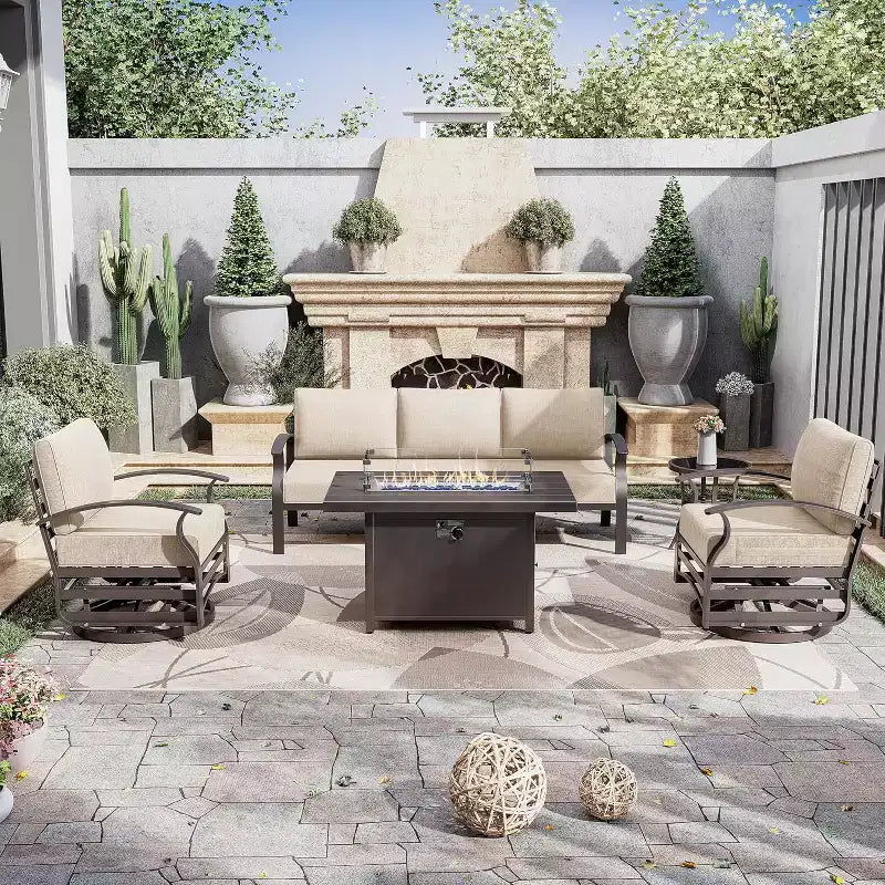 Ensemble de mobilier de terrasse en aluminium ALAULM, ensemble moderne de conversation extérieur en métal pour 5 personnes avec table brasero au propane de 45 pouces, fauteuils à bascule pivotants