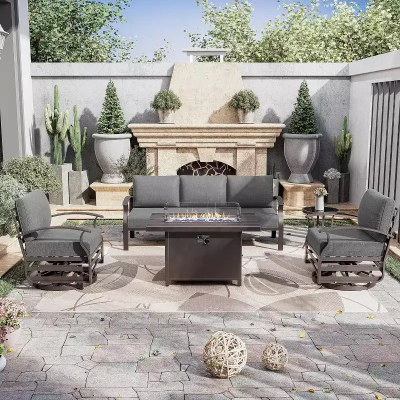 Ensemble de mobilier de terrasse en aluminium ALAULM, ensemble moderne de conversation extérieur en métal pour 5 personnes avec table brasero au propane de 45 pouces, fauteuils à bascule pivotants
