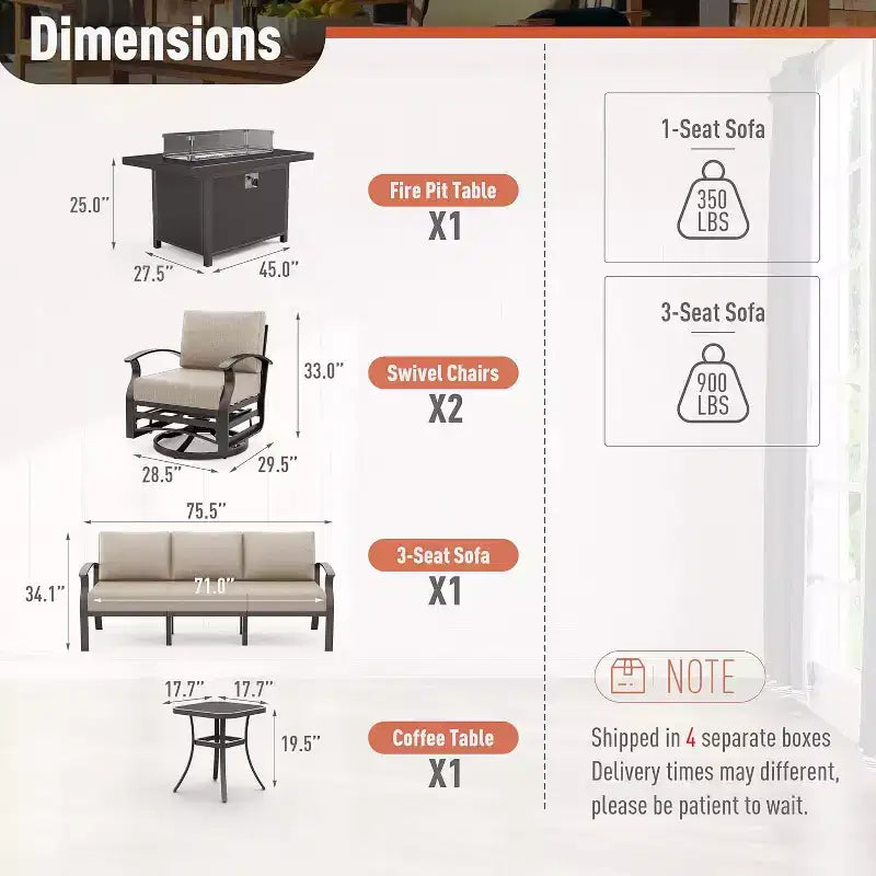 Ensemble de mobilier de terrasse en aluminium ALAULM, ensemble moderne de conversation extérieur en métal pour 5 personnes avec table brasero au propane de 45 pouces, fauteuils à bascule pivotants