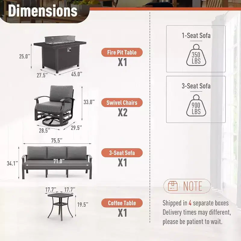 Ensemble de mobilier de terrasse en aluminium ALAULM, ensemble moderne de conversation extérieur en métal pour 5 personnes avec table brasero au propane de 45 pouces, fauteuils à bascule pivotants