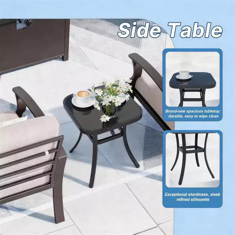 Ensemble de mobilier de terrasse en aluminium ALAULM, ensemble moderne de conversation extérieur en métal pour 5 personnes avec table brasero au propane de 45 pouces, fauteuils à bascule pivotants