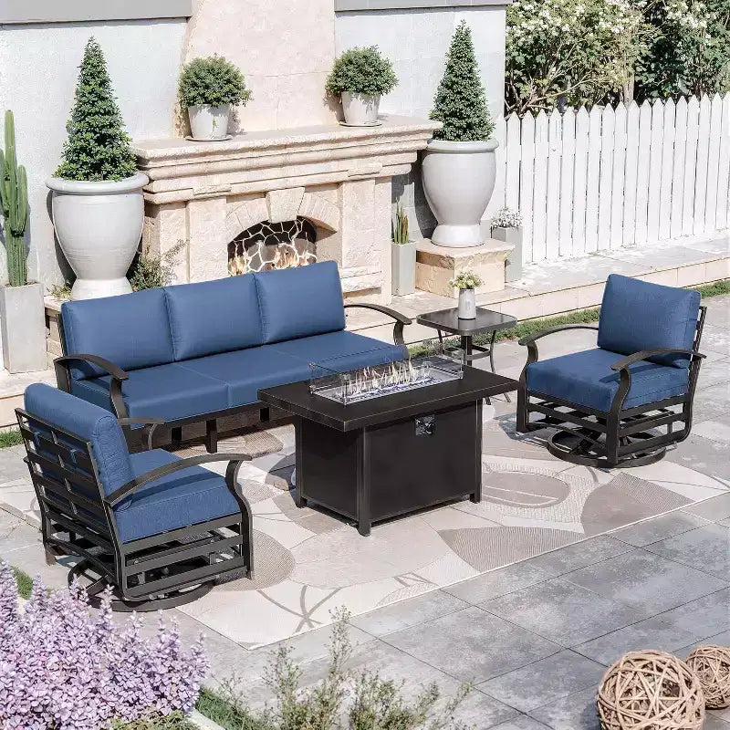 ALAULM aluminium tuinmeubelset, moderne metalen 5-zits loungeset voor buiten met propaangasvuurtafel van 45 inch en draaibare schommelstoelen