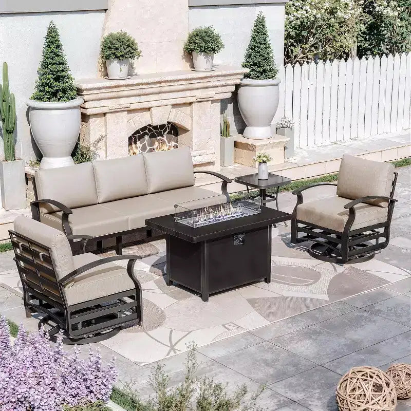 ALAULM aluminium tuinmeubelset, moderne metalen 5-zits loungeset voor buiten met propaangasvuurtafel van 45 inch en draaibare schommelstoelen