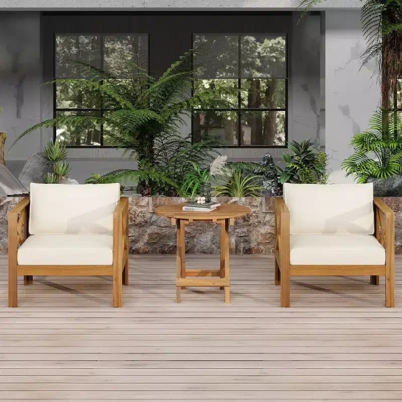 Patio Conversation Set for Small Spaces, Outdoor Acacia Wood Seating with Cushions and Foldable Side Table for Balcony, Deck, Garden-Panipeachy