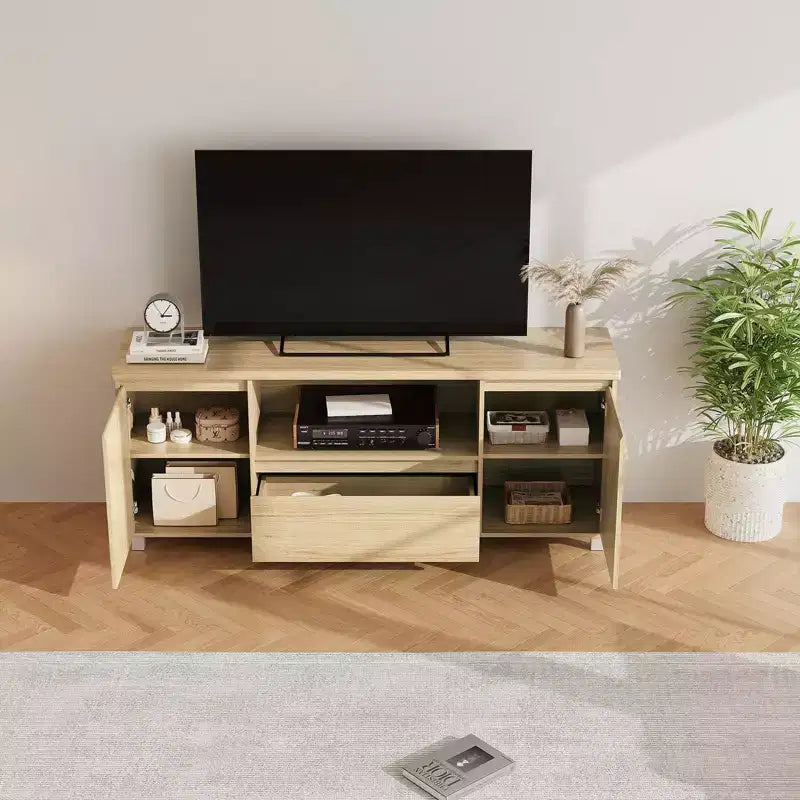 Rattan Door TV Stand with Drawer, Open Shelf and Side Cabinets, Fits TVs up to 70 Inch