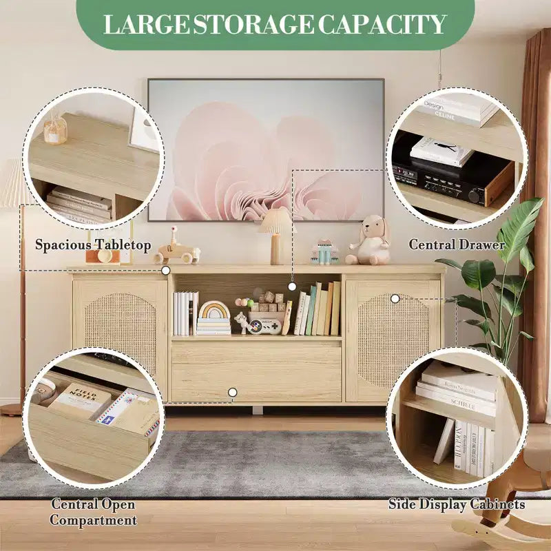 Rattan Door TV Stand with Drawer, Open Shelf and Side Cabinets, Fits TVs up to 70 Inch