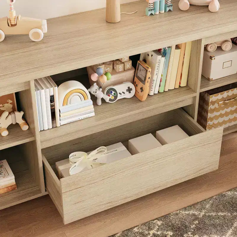 Rattan Door TV Stand with Drawer, Open Shelf and Side Cabinets, Fits TVs up to 70 Inch