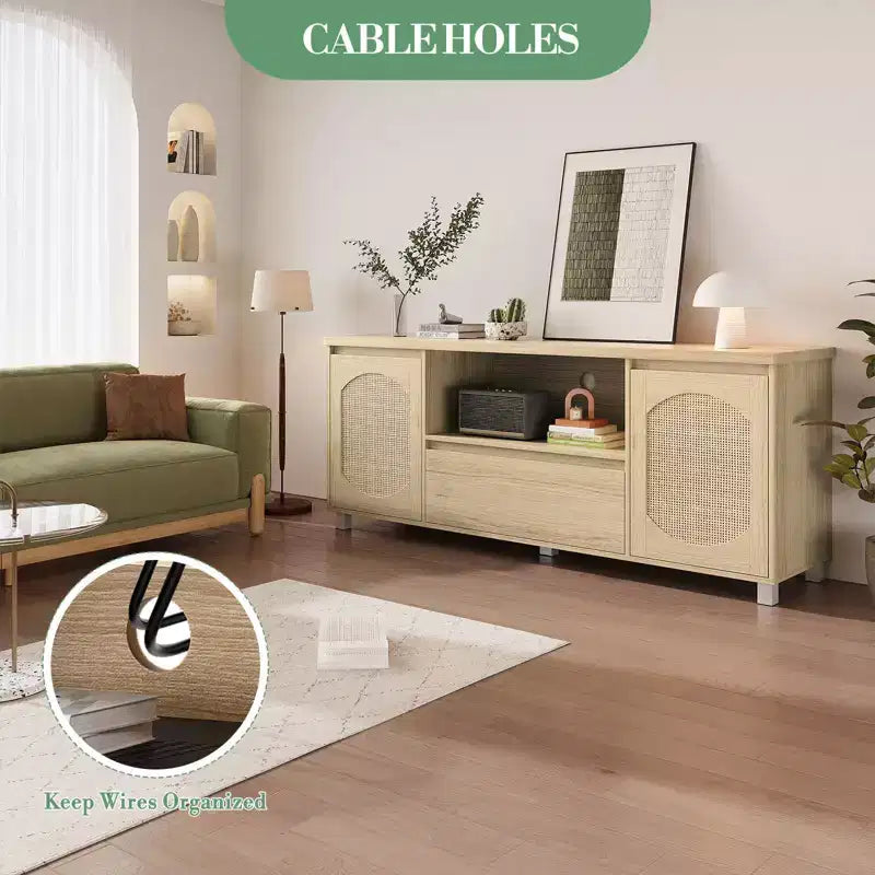 Rattan Door TV Stand with Drawer, Open Shelf and Side Cabinets, Fits TVs up to 70 Inch