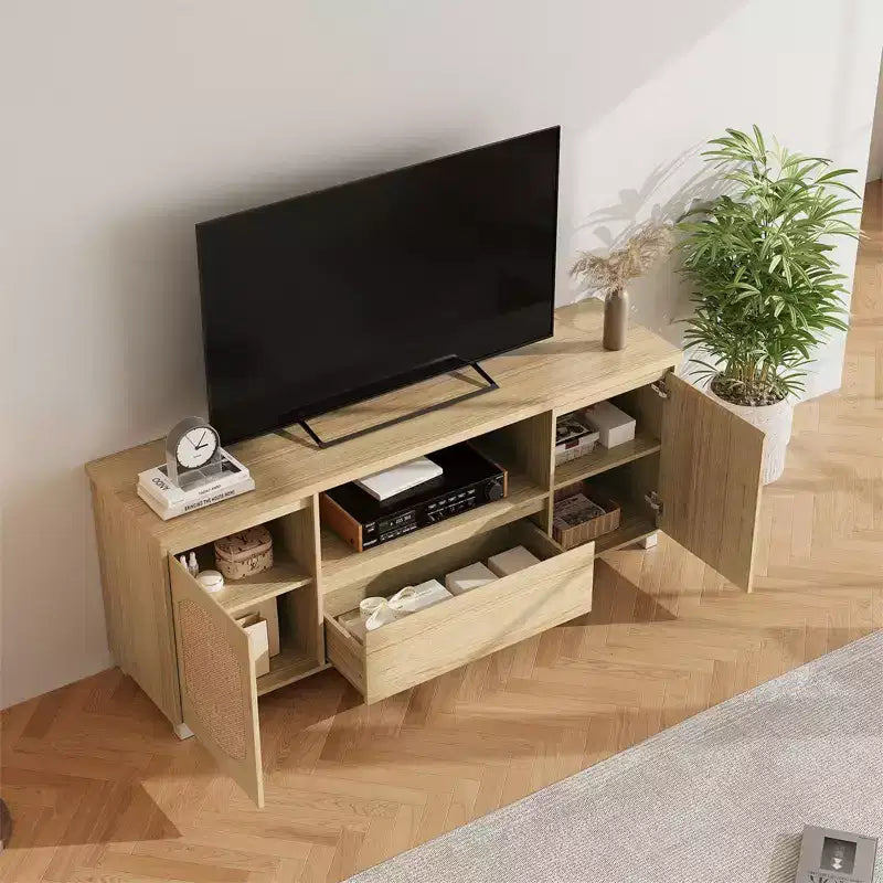 Rattan Door TV Stand with Drawer, Open Shelf and Side Cabinets, Fits TVs up to 70 Inch