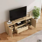 Rattan Door TV Stand with Drawer, Open Shelf and Side Cabinets, Fits TVs up to 70 Inch
