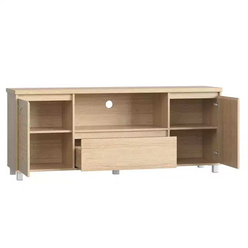 Rattan Door TV Stand with Drawer, Open Shelf and Side Cabinets, Fits TVs up to 70 Inch