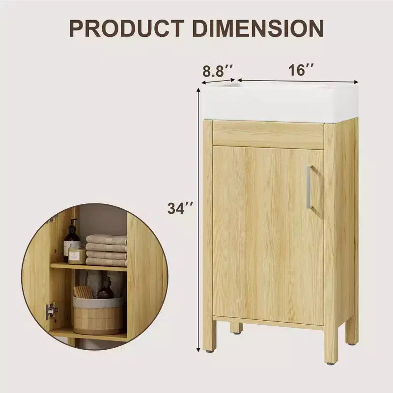 16 Inch Freestanding Bathroom Vanity with Integrated Sink and Storage Cabinet