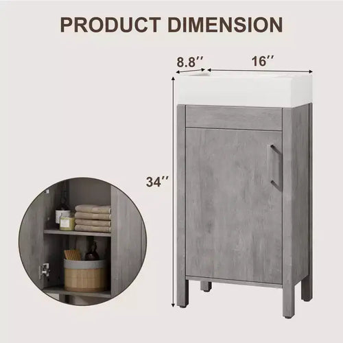 16 Inch Freestanding Bathroom Vanity with Integrated Sink and Storage Cabinet