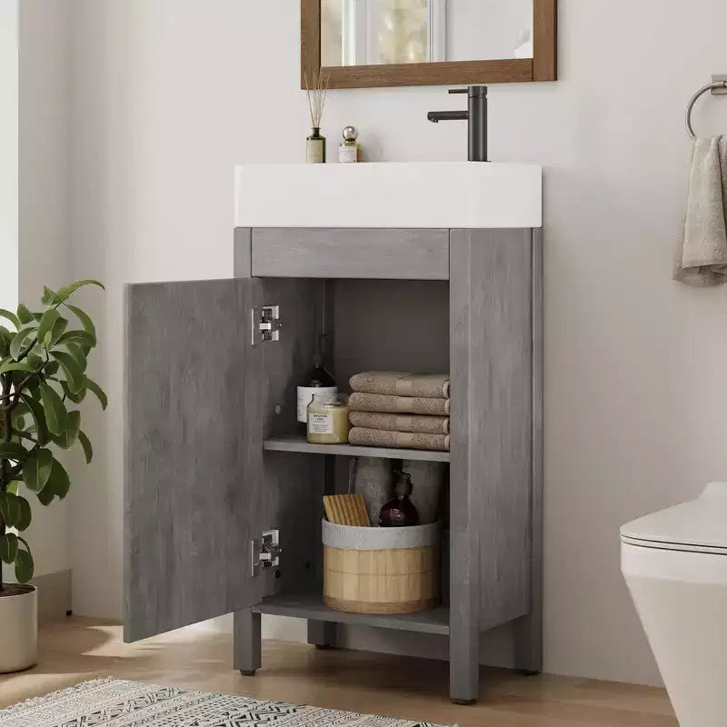 16 Inch Freestanding Bathroom Vanity with Integrated Sink and Storage Cabinet