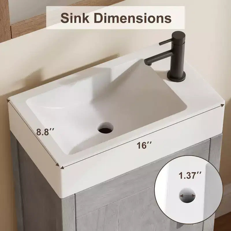 16 Inch Freestanding Bathroom Vanity with Integrated Sink and Storage Cabinet