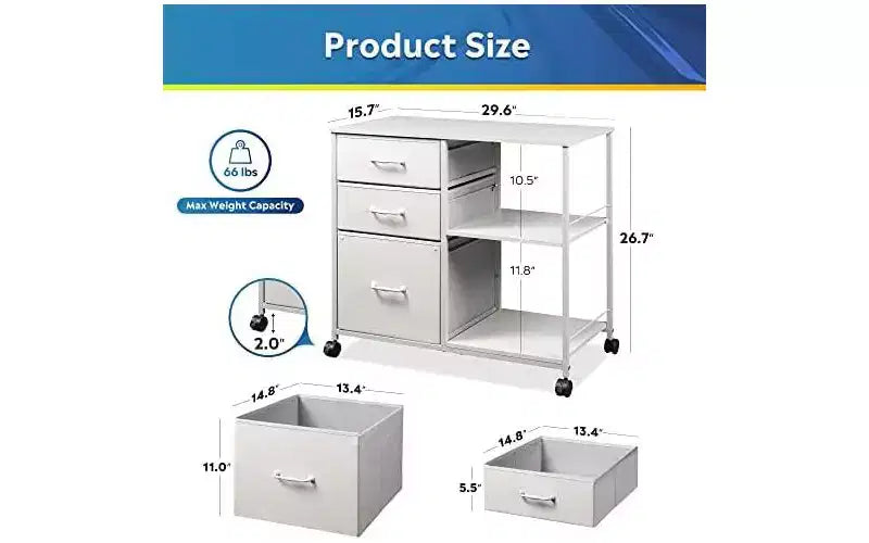 3 Drawer Mobile File Cabinet with Open Storage Shelf and Fabric Drawers, Fits A4 or Letter Size, White