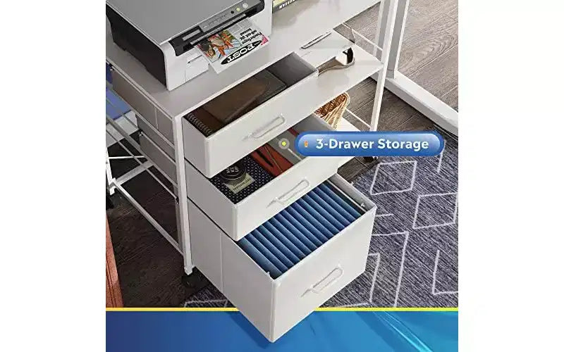 3 Drawer Mobile File Cabinet with Open Storage Shelf and Fabric Drawers, Fits A4 or Letter Size, White