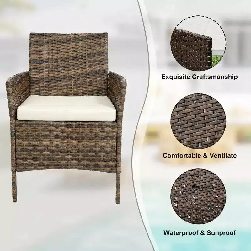 Ensemble de mobilier de terrasse extérieur de 3 pièces, fauteuils en osier de résine tressée PE avec coussins et table basse en verre trempé pour jardin, véranda ou bord de piscine