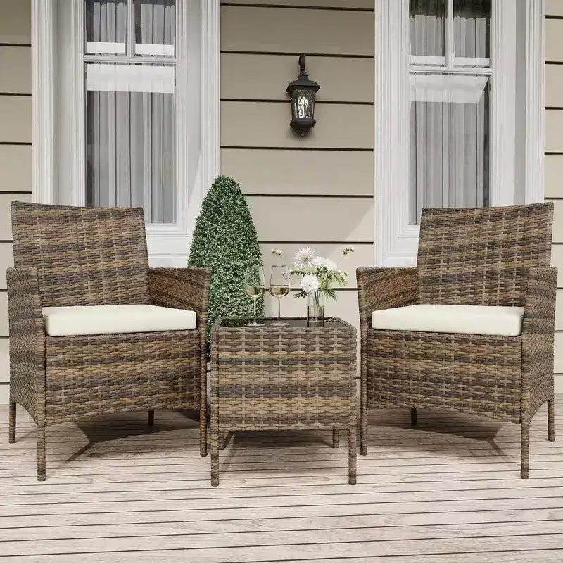 Ensemble de mobilier de terrasse extérieur de 3 pièces, fauteuils en osier de résine tressée PE avec coussins et table basse en verre trempé pour jardin, véranda ou bord de piscine