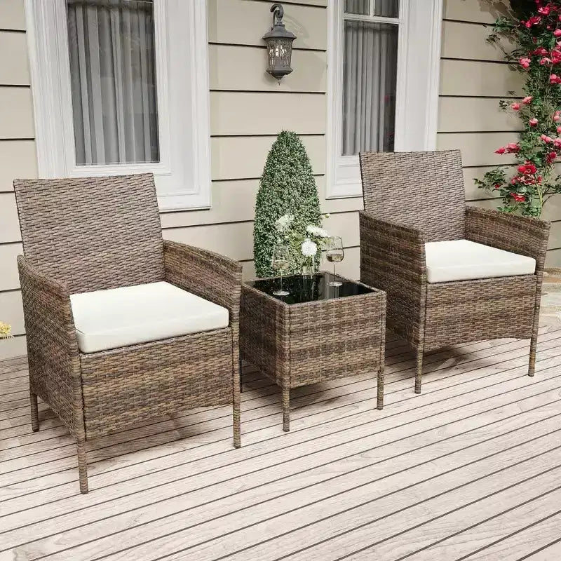 Ensemble de mobilier de terrasse extérieur de 3 pièces, fauteuils en osier de résine tressée PE avec coussins et table basse en verre trempé pour jardin, véranda ou bord de piscine