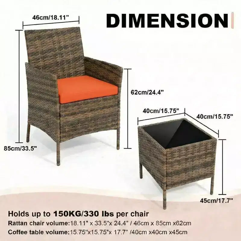 Ensemble de mobilier de terrasse extérieur de 3 pièces, fauteuils en osier de résine tressée PE avec coussins et table basse en verre trempé pour jardin, véranda ou bord de piscine