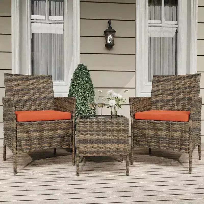 Ensemble de mobilier de terrasse extérieur de 3 pièces, fauteuils en osier de résine tressée PE avec coussins et table basse en verre trempé pour jardin, véranda ou bord de piscine