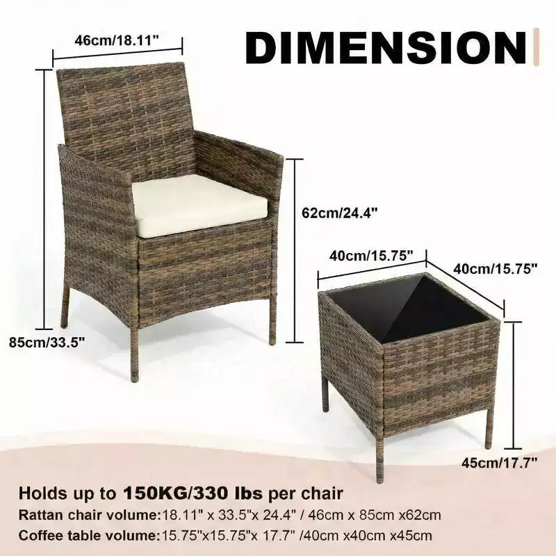 Ensemble de mobilier de terrasse extérieur de 3 pièces, fauteuils en osier de résine tressée PE avec coussins et table basse en verre trempé pour jardin, véranda ou bord de piscine