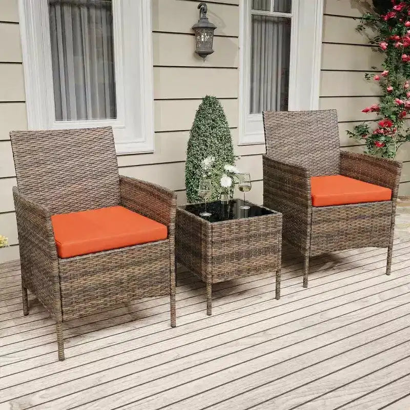 Ensemble de mobilier de terrasse extérieur de 3 pièces, fauteuils en osier de résine tressée PE avec coussins et table basse en verre trempé pour jardin, véranda ou bord de piscine
