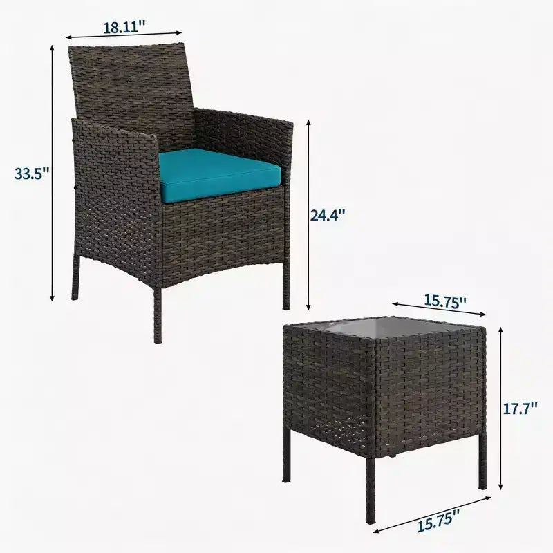 Ensemble de mobilier de terrasse extérieur de 3 pièces, fauteuils en osier de résine tressée PE avec coussins et table basse en verre trempé pour jardin, véranda ou bord de piscine
