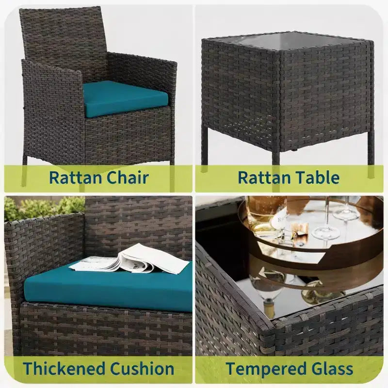 Ensemble de mobilier de terrasse extérieur de 3 pièces, fauteuils en osier de résine tressée PE avec coussins et table basse en verre trempé pour jardin, véranda ou bord de piscine