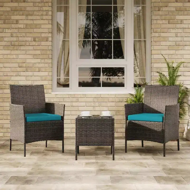 Ensemble de mobilier de terrasse extérieur de 3 pièces, fauteuils en osier de résine tressée PE avec coussins et table basse en verre trempé pour jardin, véranda ou bord de piscine