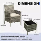 Ensemble de mobilier de terrasse extérieur de 3 pièces, fauteuils en osier de résine tressée PE avec coussins et table basse en verre trempé pour jardin, véranda ou bord de piscine