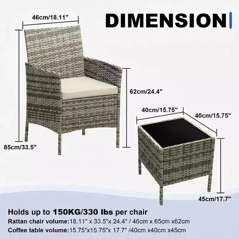 Ensemble de mobilier de terrasse extérieur de 3 pièces, fauteuils en osier de résine tressée PE avec coussins et table basse en verre trempé pour jardin, véranda ou bord de piscine