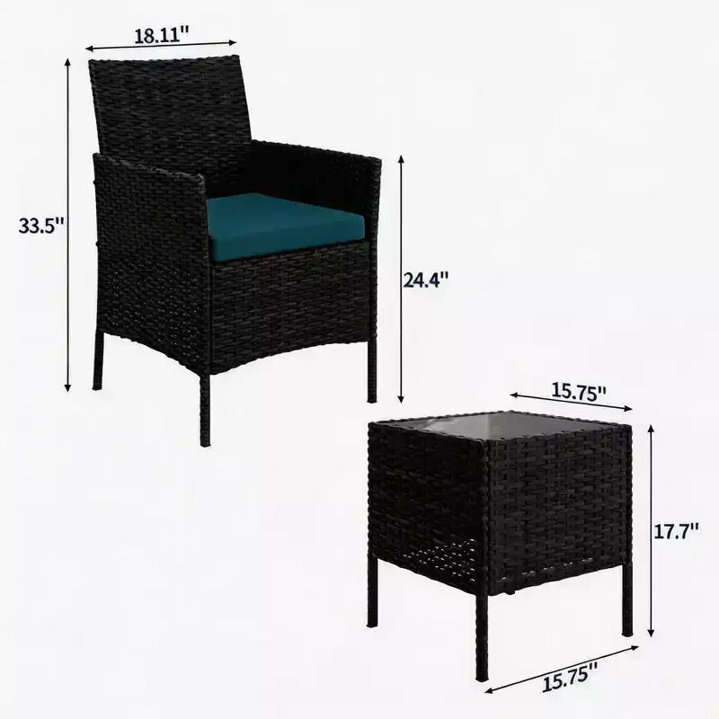 Ensemble de mobilier de terrasse extérieur de 3 pièces, fauteuils en osier de résine tressée PE avec coussins et table basse en verre trempé pour jardin, véranda ou bord de piscine