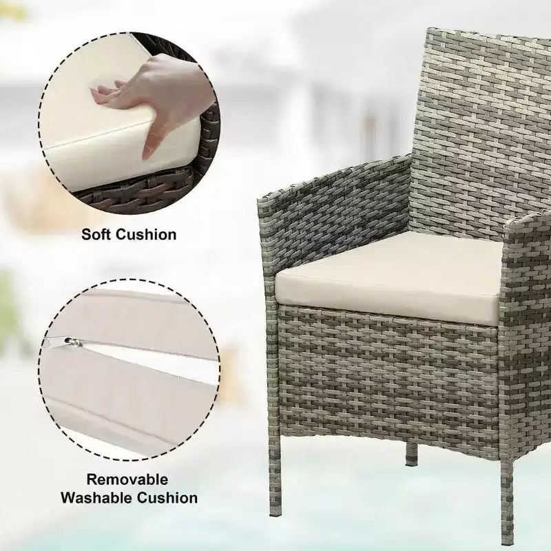 Ensemble de mobilier de terrasse extérieur de 3 pièces, fauteuils en osier de résine tressée PE avec coussins et table basse en verre trempé pour jardin, véranda ou bord de piscine