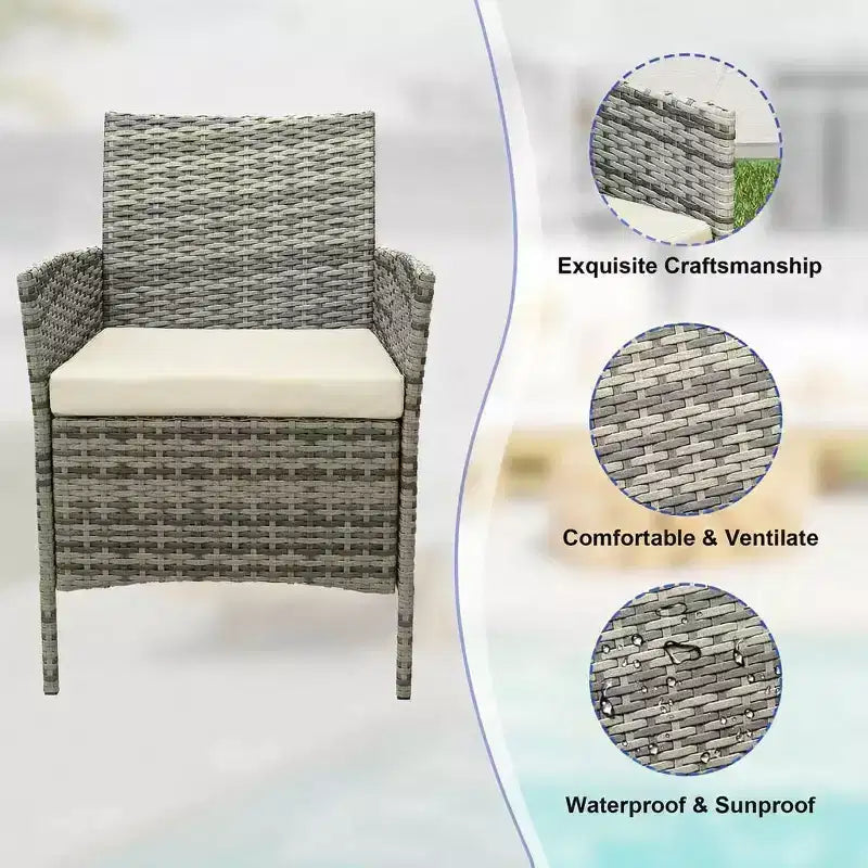 Ensemble de mobilier de terrasse extérieur de 3 pièces, fauteuils en osier de résine tressée PE avec coussins et table basse en verre trempé pour jardin, véranda ou bord de piscine