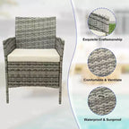 Ensemble de mobilier de terrasse extérieur de 3 pièces, fauteuils en osier de résine tressée PE avec coussins et table basse en verre trempé pour jardin, véranda ou bord de piscine