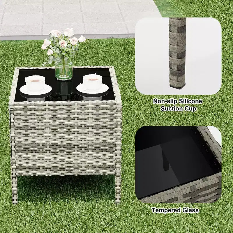 Ensemble de mobilier de terrasse extérieur de 3 pièces, fauteuils en osier de résine tressée PE avec coussins et table basse en verre trempé pour jardin, véranda ou bord de piscine