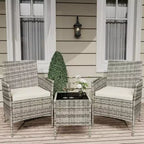 Ensemble de mobilier de terrasse extérieur de 3 pièces, fauteuils en osier de résine tressée PE avec coussins et table basse en verre trempé pour jardin, véranda ou bord de piscine