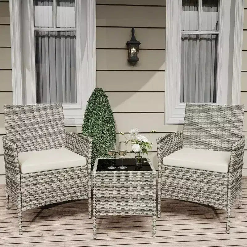 Ensemble de mobilier de terrasse extérieur de 3 pièces, fauteuils en osier de résine tressée PE avec coussins et table basse en verre trempé pour jardin, véranda ou bord de piscine