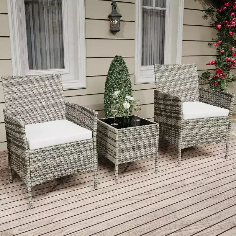 Ensemble de mobilier de terrasse extérieur de 3 pièces, fauteuils en osier de résine tressée PE avec coussins et table basse en verre trempé pour jardin, véranda ou bord de piscine