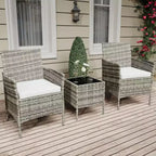 Ensemble de mobilier de terrasse extérieur de 3 pièces, fauteuils en osier de résine tressée PE avec coussins et table basse en verre trempé pour jardin, véranda ou bord de piscine