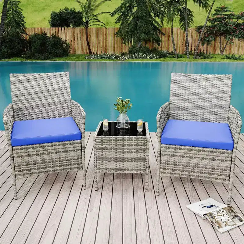Ensemble de mobilier de terrasse extérieur de 3 pièces, fauteuils en osier de résine tressée PE avec coussins et table basse en verre trempé pour jardin, véranda ou bord de piscine